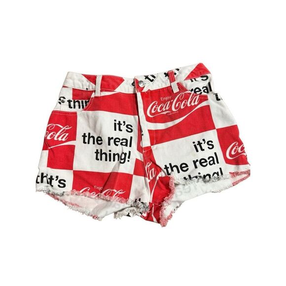 Vintage COCA COLA Womens Med IT'S THE REAL THING Denim Cut-off Frayed Shorts Red - Picture 1 of 7
